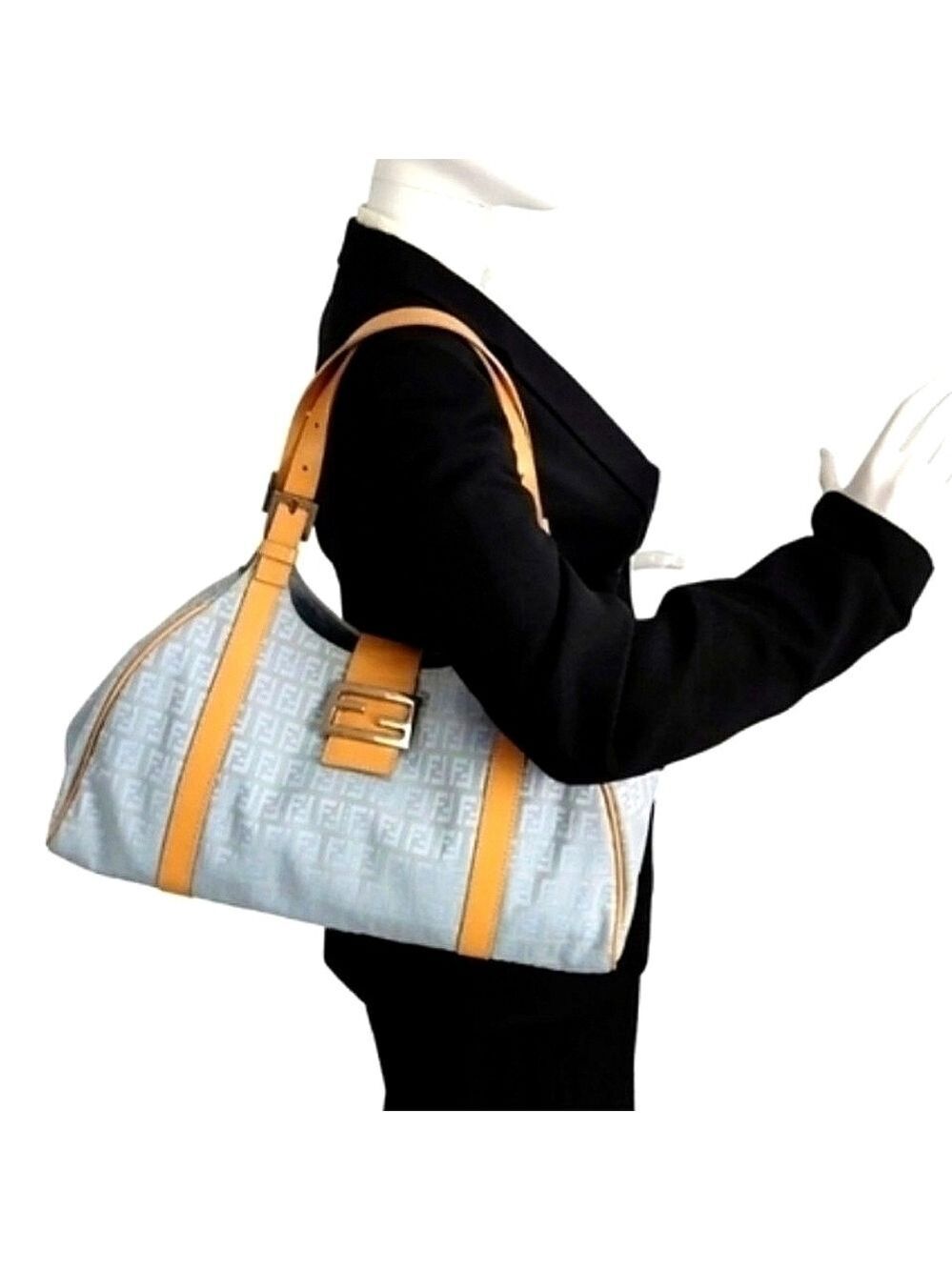Fendi Y2K FF Monogram Zucchino Canvas Leather Baguette Shoulderbag Icy Blue Gray